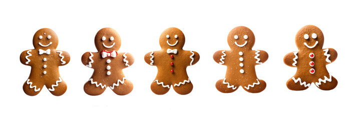 Gingerbread man, collection set of five Christmas men cookies isolated on transparent background, png file