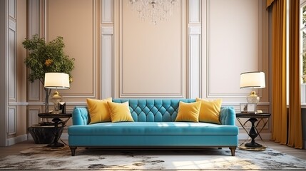 blue and yellow sofa next to the window in a classic room Modern living room interior design