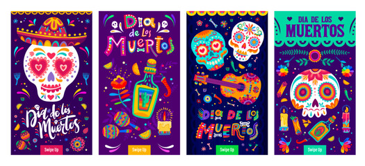 Dia De Los Muertos Mexican holiday banners, Day of Dead calavera sugar skulls in sombrero, vector background. Mexican fiesta holiday guitar, maracas and tequila with chili pepper and candles