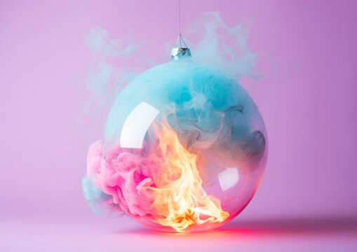 A vibrant pink and magenta christmas bauble of smoke delicately dances around a glowing glass ball, radiating warmth and energy into the night sky