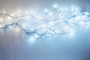 This ethereal winter scene of a foggy forest is illuminated by a solitary twig adorned with festive lights, evoking a sense of wonder and enchantment as the new year approaches