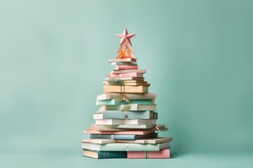 On a cold winter's night, a brightly decorated pastel christmas tree towers above a stack of books topped with a shining star, evoking a sense of new beginnings and hope for the upcoming year - obrazy, fototapety, plakaty