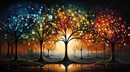 A painting of three trees with a sunset in the background. Fiction, made with AI.