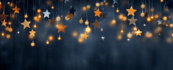 This picture captures the joy and warmth of the holiday season with a dreamy reflection of a string of golden lights, twinkling stars, and flickering candles in the still night waters