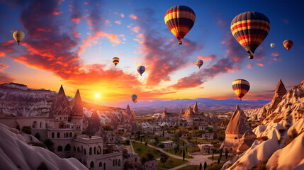 Sunset in the Mountains with Hot Air Balloons