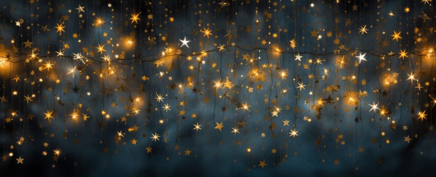 A sparkling string of lights with twinkling stars and gold and amber hues provides the perfect festive backdrop for a memorable new year's celebration