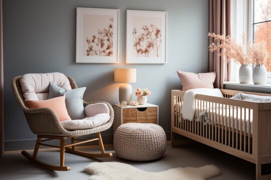Nursery filled with soft colors and gentle lighting, creating a serene environment for the newborn, Generative AI