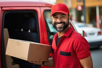 Young deliveryman or courier boy holding box in hand.