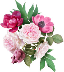 Pink roses, anemone and tulip isolated on a transparent background. Png file.  Floral arrangement, bouquet of garden flowers. Can be used for invitations, greeting, wedding card.