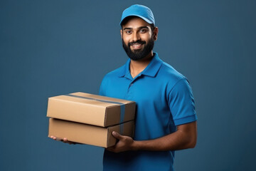Young deliveryman or courier boy holding box in hand.
