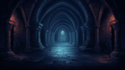 Dark Dungeon. Long medieval castle corridor with tor