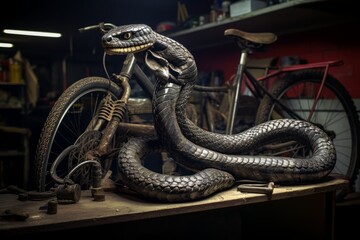 Obraz premium A snake coiled around a bicycle handlebar in a garage, its sinuous body contrasting with the metal.