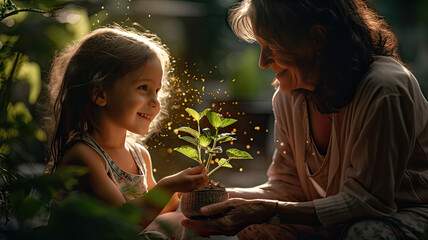 Grandmother giving her granddaughter a plant in her hands
