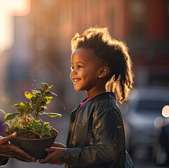 Naklejka premium Black girl in a city picking up a pot with a plant