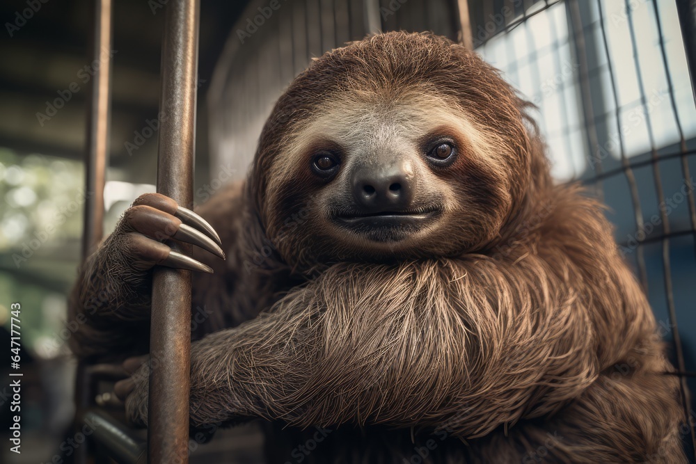 Poster a sad-looking sloth in an enclosure at a rescue center, clinging to a tree branch.