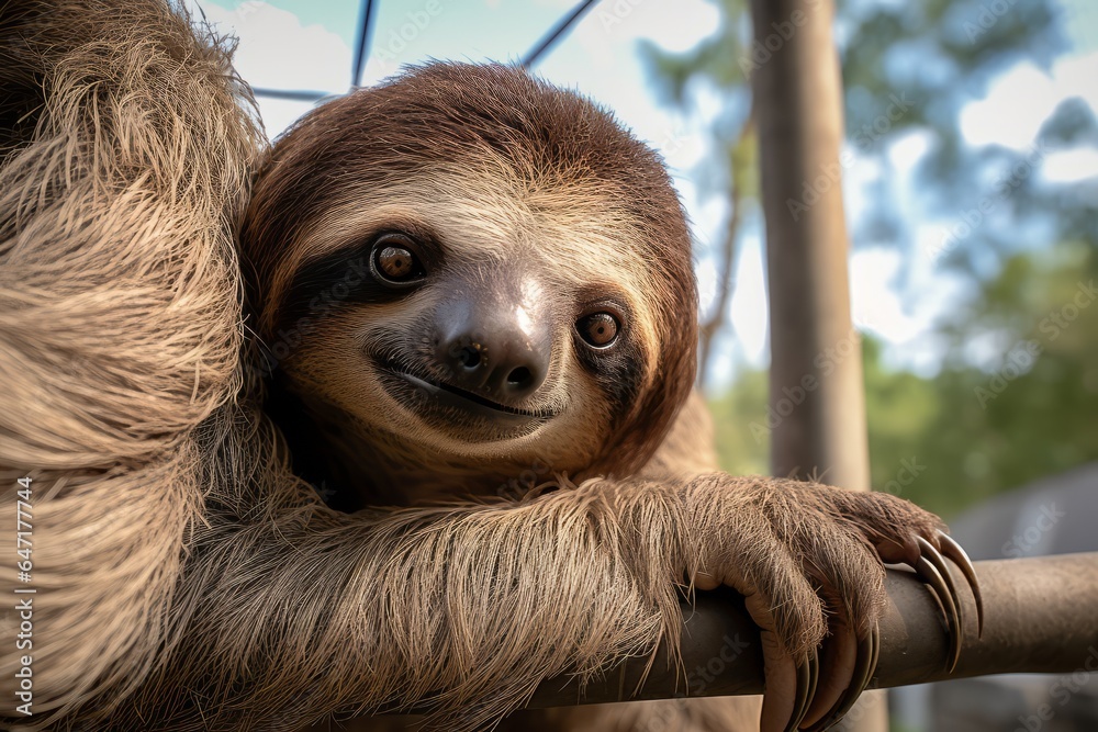 Poster a sad-looking sloth in an enclosure at a rescue center, clinging to a tree branch.