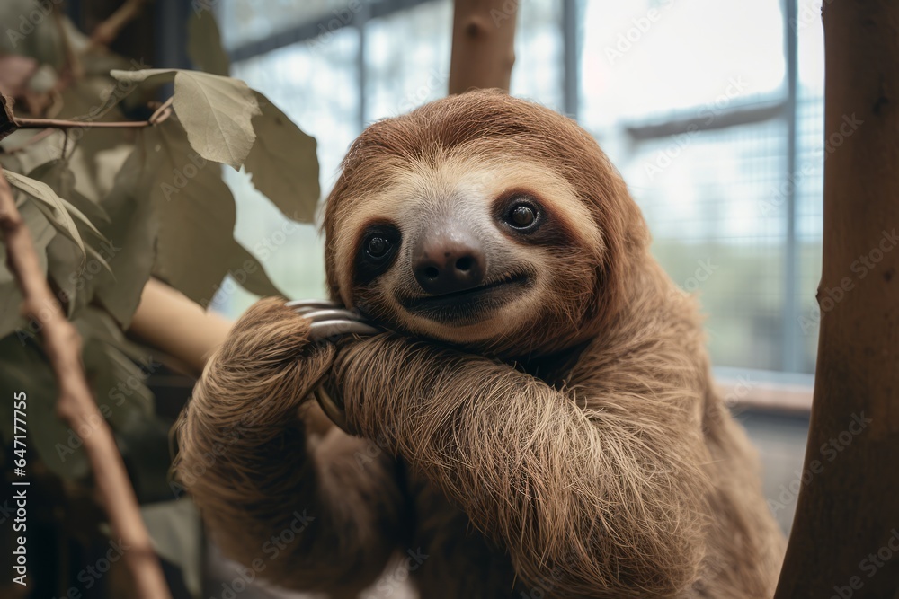 Poster a sad-looking sloth in an enclosure at a rescue center, clinging to a tree branch.