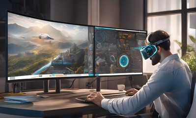 Man with laptop working programmer hologram creating