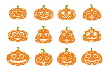 Halloween party mexican pumpkin spooky characters with calavera sugar skull pattern. Dia de Los Muertos holiday. Halloween pumpkin lantern carvings or vector Jack o lanterns, Day of the Dead skulls