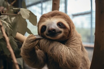 Naklejka premium A sad-looking sloth in an enclosure at a rescue center, clinging to a tree branch.