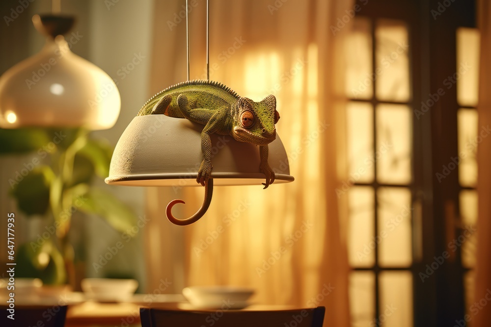 Poster a chameleon clinging to a hanging light fixture in a dining room, blending into its surroundings.