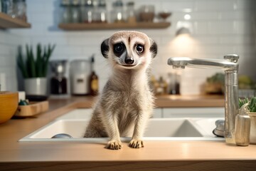 A curious meerkat standing on a kitchen counter, surveying its surroundings with alertness.