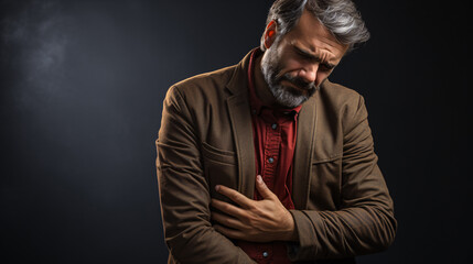 Close-up of a man experiencing liver pain against a gray backdrop.