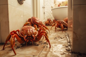 A group of hermit crabs scuttling across a bathroom floor, exploring an unfamiliar terrain. - obrazy, fototapety, plakaty