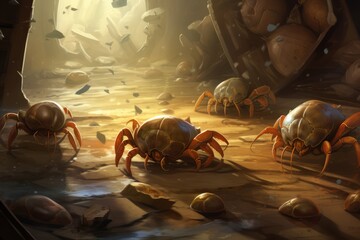 A group of hermit crabs scuttling across a bathroom floor, exploring an unfamiliar terrain. - obrazy, fototapety, plakaty