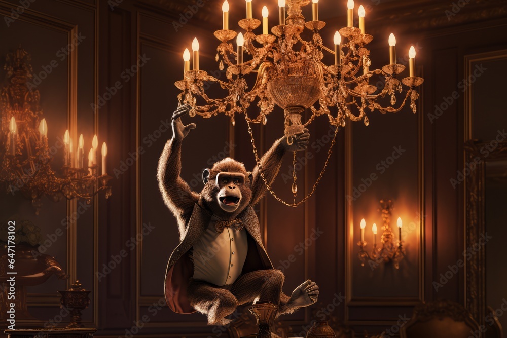 Poster A playful monkey swinging from the chandelier in an elegant dining room, causing a commotion.