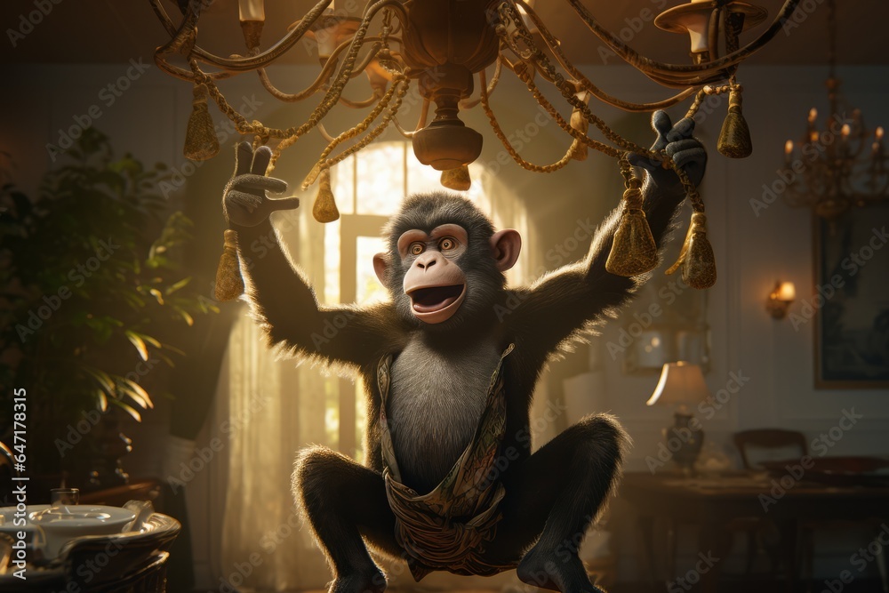 Poster A playful monkey swinging from the chandelier in an elegant dining room, causing a commotion.