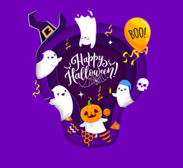 Halloween paper cut skull shape banner with cute kawaii ghosts. 3d vector border with cartoon funny spooks, pumpkin, witch hat, balloon, confetti and garland inside of layered wavy papercut frame