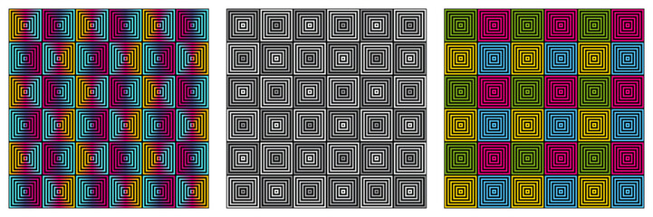 3 gammes de couleurs d’un motif de forme géométrique carré avec un effet psycadélique pour une impression sur du tissu ou sur du papier. - obrazy, fototapety, plakaty