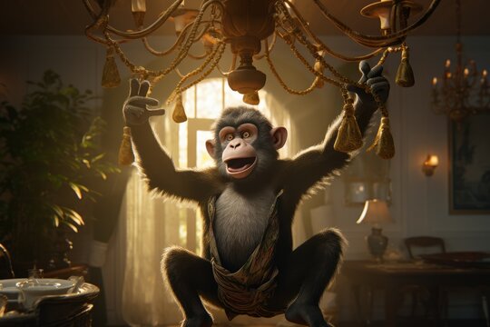 A playful monkey swinging from the chandelier in an elegant dining room, causing a commotion.