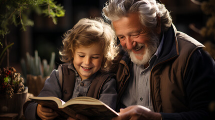 Grandfather and grandson reading a book at home. Grandfather and grandson are reading a book together.