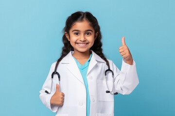 Cute indian little girl child showing thumps up in doctor uniform.