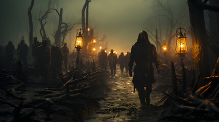 Creepy zombies in the forest at night. Horror Halloween concept.