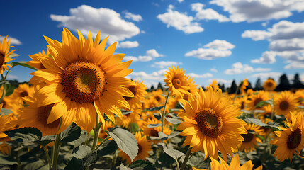 Fototapeta premium Sunflowers field on a background of blue sky and white clouds