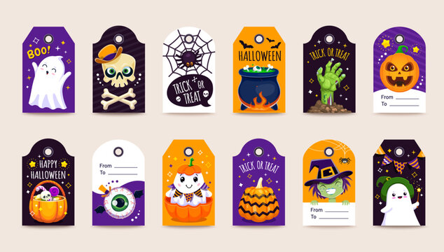 Halloween gift tags. Isolated vector badges with cute ghost, skull, spider and cauldron. Zombie hand, jack lantern, painted pumpkin, sweets and witch. Set of decorative festive cards for presents