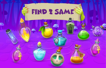 Find two same Halloween potion bottles in magic forest, kids game vector worksheet. Halloween puzzle quiz, matching game with cartoon glass bottles, flasks and jars of witch potion and alchemy elixir