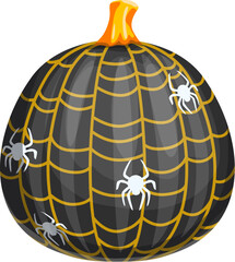 Halloween cartoon painted pumpkin with cobweb holiday ornament. Isolated vector black festive gourd with orange spiderweb and spiders, creating eerie decoration in celebratory spirit of the holiday