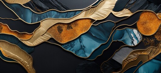 Abstract black blue gold mosaic of granite marbled marble stone tile wall decor texture background banner panorama, with golden lines details