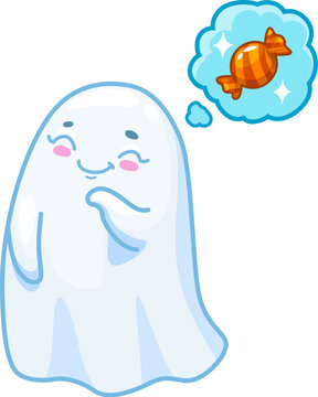 Halloween kawaii ghost character daydreams about sweets and sugary treats. Vector baby spook with rosy cheeks and a happy face expression floating with closed eyes and cloud with candy over its head