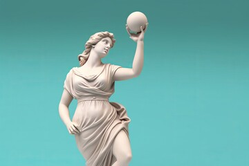 Marble statue of an ancient Greek goddess doing sports on pastel background. Baseball player sculpture. Beauty standards, ideal body, sports activity, Generative AI