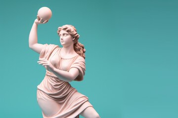Marble statue of an ancient Greek goddess doing sports on pastel background. Baseball player...