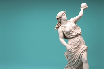 Marble statue of an ancient Greek goddess doing sports on pastel background. Baseball player sculpture. Beauty standards, ideal body, sports activity, Generative AI