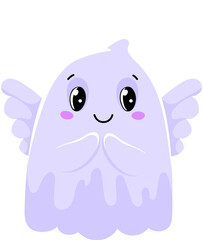 Cartoon cute Halloween kawaii ghost angel character. Isolated vector spook with white wings, halo, rosy cheeks, and an endearing smile, radiating a gentle and whimsical aura of innocence and sweetness