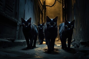 A gang of cat mafia walks down a dark street.