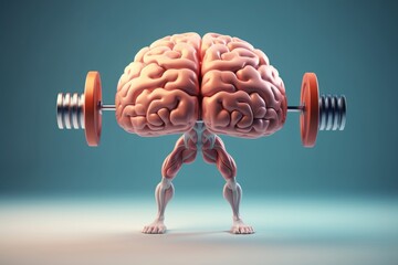 Human brain lifting weights. 3D brain lifting a heavy dumbbell. Mind training, memory health, Alzheimer's prevention, brain training, education, study, Generative AI