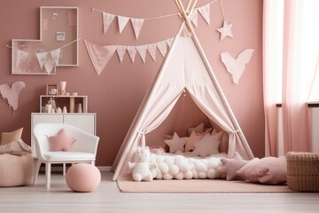 Fototapeta na wymiar Pink colored baby nursery with cradle and play tent in scandinavian style. Baby girl bedroom. Generative AI